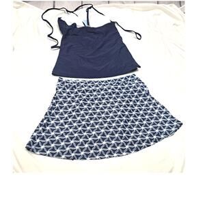 Younique Women's LG 2 piece Tankini Skort Blue White Bathing Swimsuit